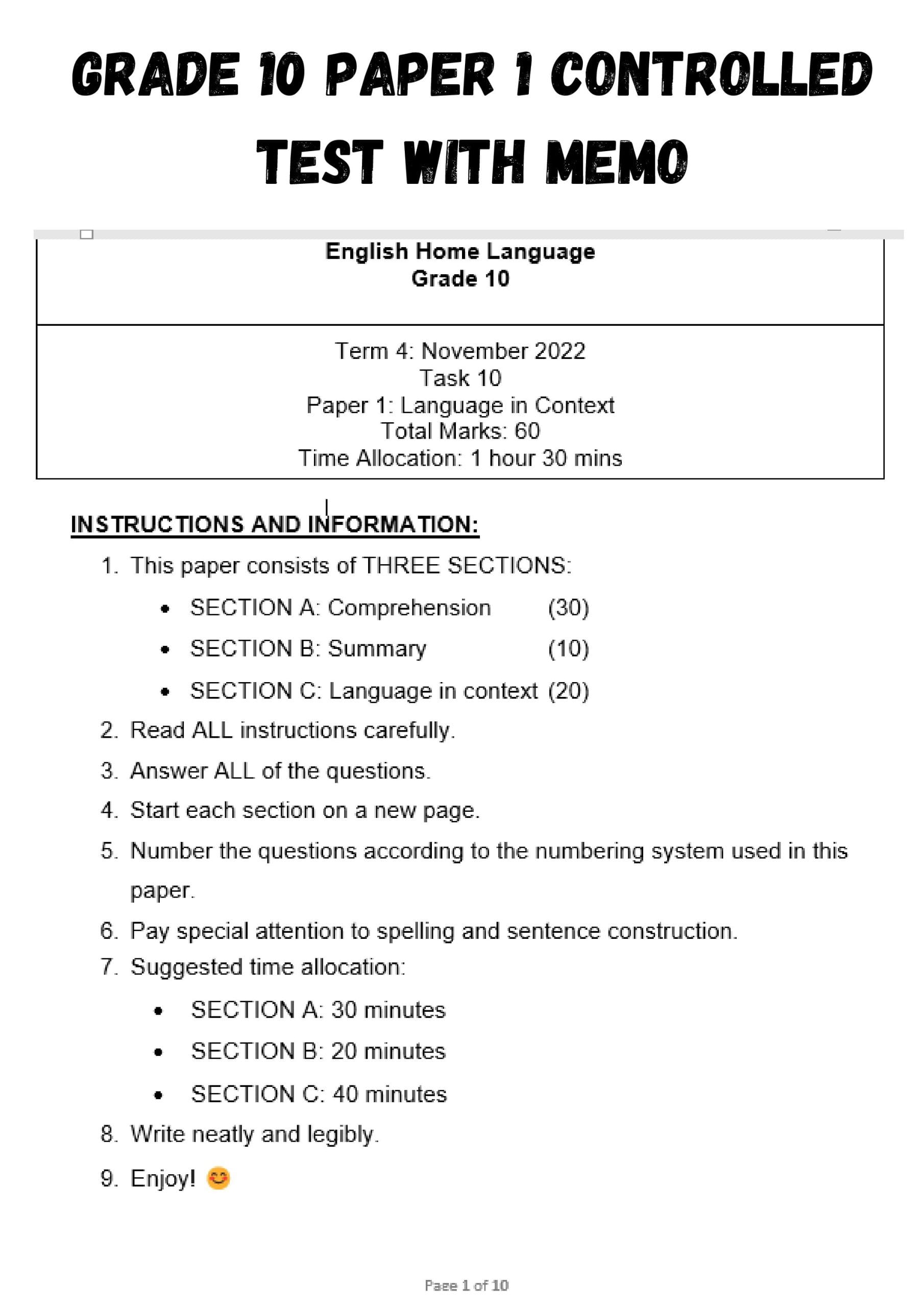 test papers grade 10 pdf