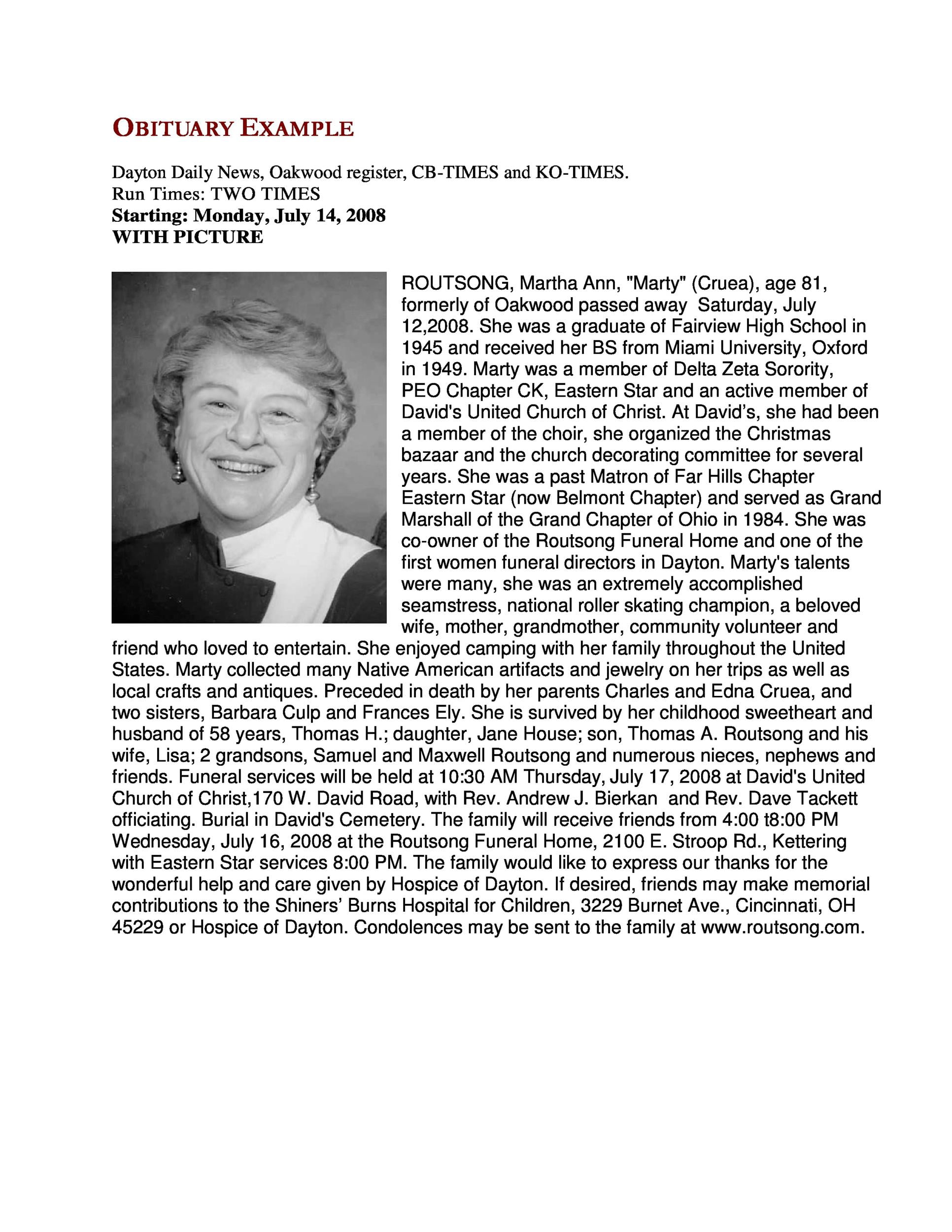 Obituary Example of a School Learner